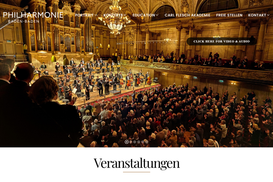 Philharmonie Baden-Baden website showcasing concert schedules, orchestra history, and online ticket booking, developed by CodingFlock.